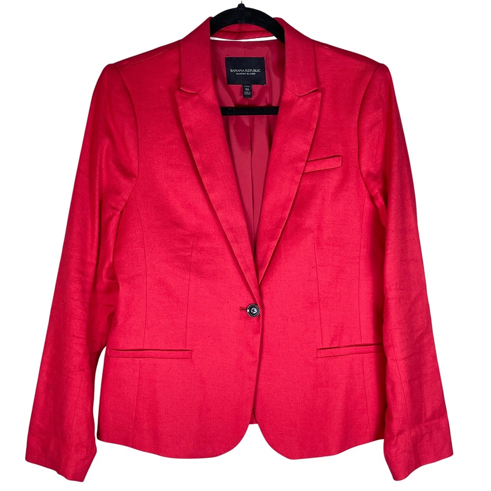 Banana Republic Classic Blazer Womens 10P Red Excellent Linen Cotton Stretch